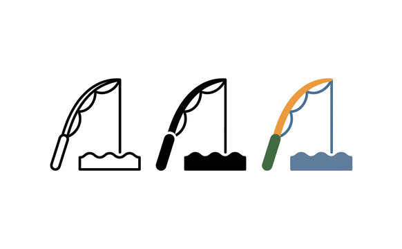 Fishing rod vector icon set in outline, solid, and colorful flat styles
