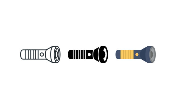 Flashlight vector icon set with outline, silhouette and colored symbols