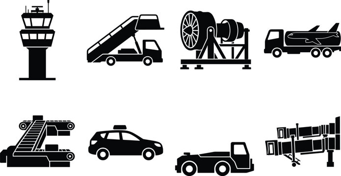 Set of airport ground support equipment black vector icons featuring control tower staircase truck and jet engine
