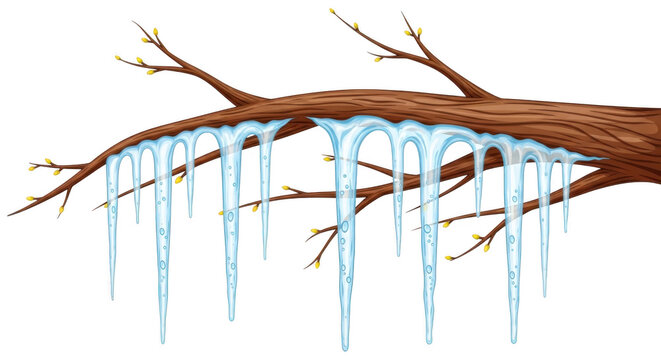 Icicles dripping from a tree branch in winter