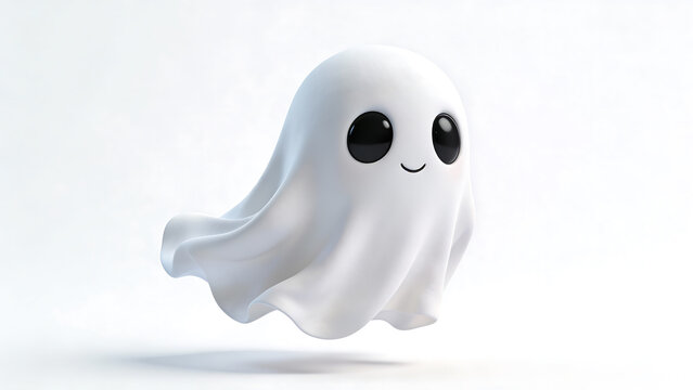 Cute cartoon ghost floating on white background, friendly Halloween character design
