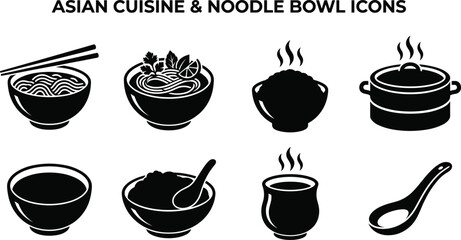 Fototapeta premium Set of Asian cuisine and noodle bowl black vector icons featuring ramen soup rice pot and spoon
