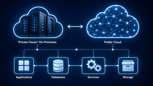 Enterprise hybrid cloud architecture linking on premises servers with public cloud applications and database storage