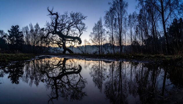 Tranquil Sunset Over a Calm Lake with Beautiful Sky Reflection, Trees and Peaceful Forest Landscape in Nature at Dusk