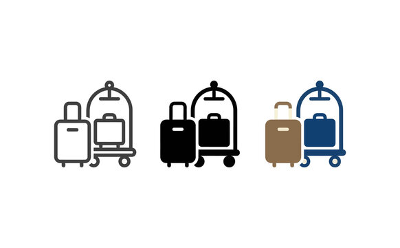 Luggage icon set featuring hotel bellhop carts and suitcases on white
