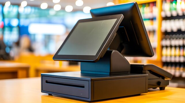 Modern point of sale terminal with touchscreen and payment system in retail store