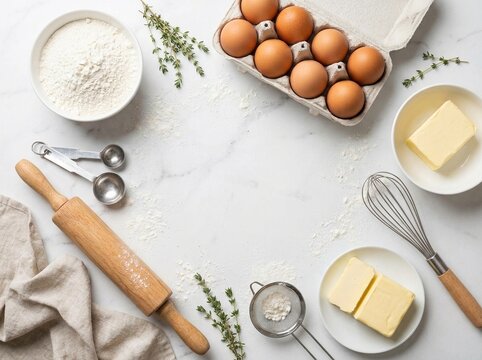 Baking Ingredients Flat Lay on Marble with Flour Eggs and Kitchen Essentials