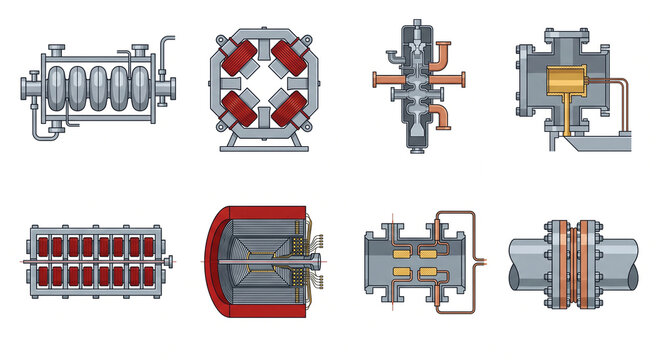 Isolated JPG illustration of a particle accelerator and synchrotron hardware icon pack, featuring superconducting cavities, electromagnets, and klystrons.