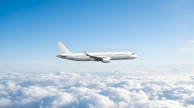 White passenger airplane flying in the blue sky above white clouds