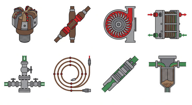 Isolated JPG illustration of an enhanced geothermal systems infrastructure icon pack, featuring PDC drill bits, ORC turbines, and binary cycle heat exchangers.