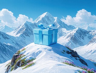 Obraz premium Light blue gift box with ribbon sits on snowy mountain peak. Winter landscape features majestic white mountains, bright blue sky with clouds. Small pink flowers grow in snow on rocky summit.