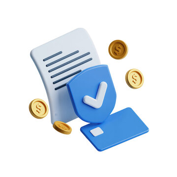 3D Financial security icon with document, shield, credit card and gold coins