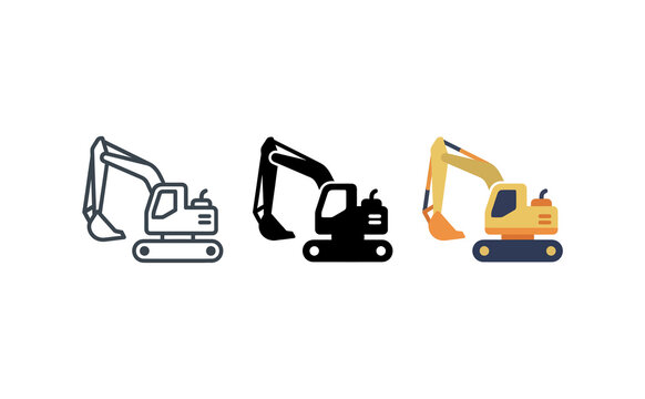 Excavator icon set vector illustration featuring different design styles