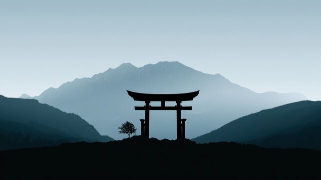 Japanese Torii gate silhouette against a misty mountain landscape at dawn.