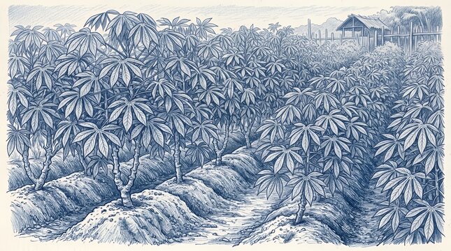 Rows of cassava plants growing in farm field.