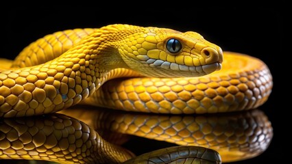 Fototapeta premium Captivating Close-up of a Yellow Snake on a Reflective Surface
