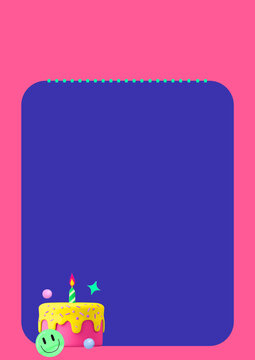 Colorful birthday card template with cake and candle on a pink background.