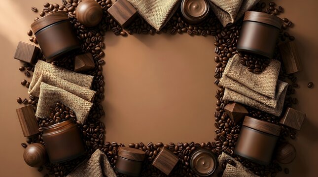 Luxury coffee beans and skincare mockup flat lay top view with copy space background 3D render wellness skincare background 3D render minimalist chocolate cosmetics treatment caffeine