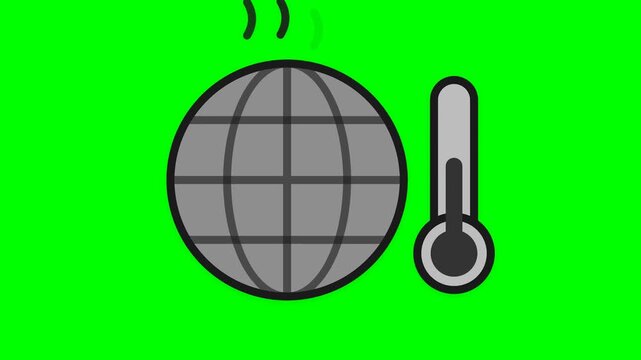 Animation of a global temperature and climate monitoring concept featuring globe and thermometer icons, weather forecasting, and climate change awareness on a green screen background.