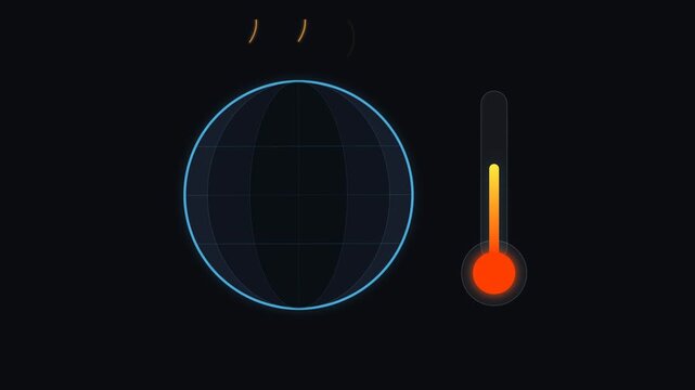 Animation of a global temperature and climate monitoring concept featuring globe and thermometer icons, weather forecasting, and climate change awareness on a green screen background.