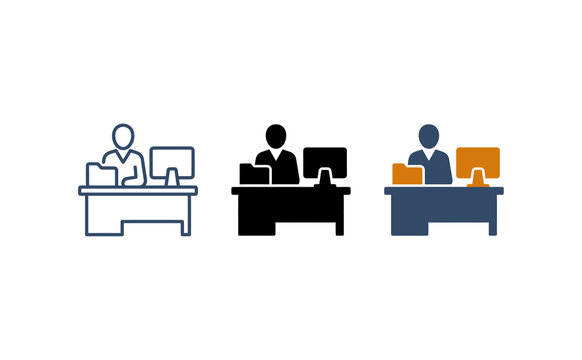 Office worker desk icons set featuring computer, folder, and table vector