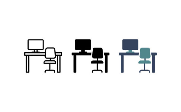 Office desk icon vector set with computer and chair in different styles