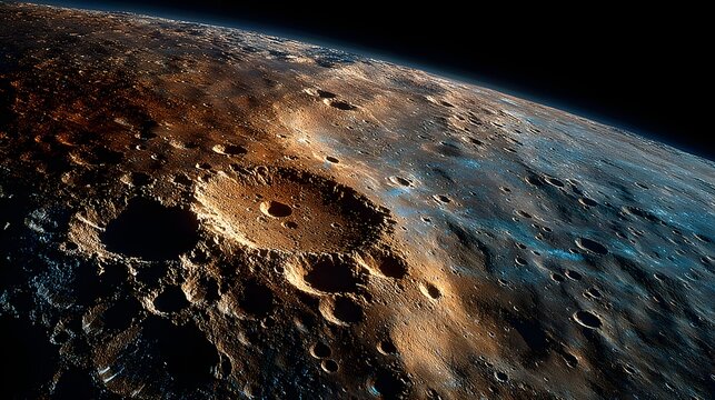 Close-up panoramic perspective view of planet Mercury surface displaying detailed impact craters and golden light.