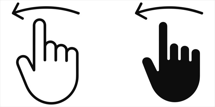 Two hand gesture showing a swipe left motion, one outlined and one solid black on white ground