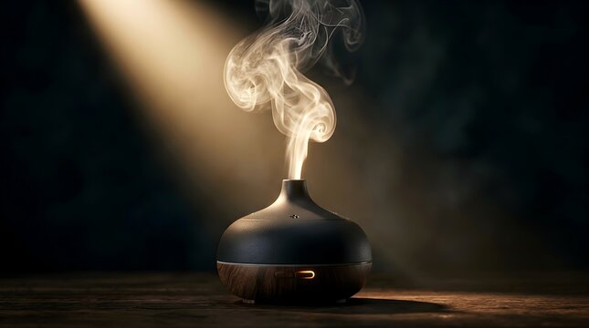 Essential oil diffuser emitting aromatic steam on wooden surface illuminated by soft spotlight beam in dark room with flat lay 3D render aroma machine vaporizer device scent dispenser light beam