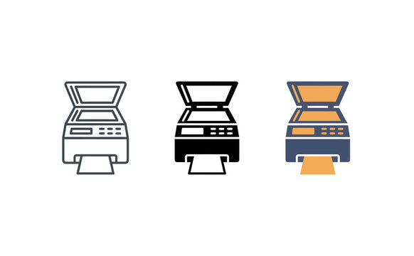 Scanner printer vector icon set in outline, flat and color styles