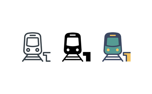 Train icon vector set with outline glyph and flat color railway symbols