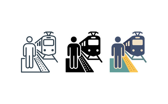 Train station icon set with platform and passenger vector illustration