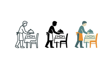 Fototapeta premium Waiter serving food at table vector illustration in three color styles