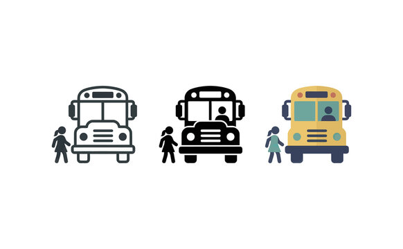 School bus vector icons set with student child and vehicle graphic design