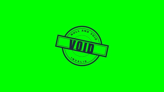 Motion graphic of a dark slate VOID rubber stamp slamming onto the screen, isolated on a green background.