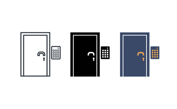 Smart door lock vector icon set featuring electronic keypad access control