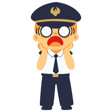 Surprised male pilot character holding cheeks, wearing cap, isolated on white background.