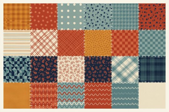 Patchwork quilt pattern with various fabric textures and geometric prints in rustic autumn colors and muted blue tones