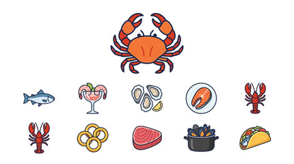 Fototapeta premium Flat design vector icon set of seafood dishes including crab, shrimp cocktail, oysters, salmon, lobster, onion rings, tuna, mussels, and fish taco.