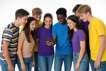 Obraz premium Diverse teens gather around a smartphone, sharing content and laughing. Young friends connect digitally, viewing media together in a casual, happy group setting.