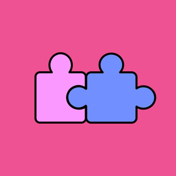 Two interlocking puzzle pieces, one pink and one blue, on a pink background.