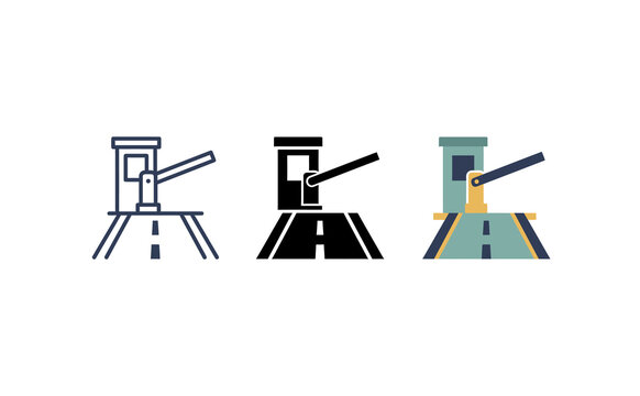 Toll booth icon set vector flat illustration of highway security barrier
