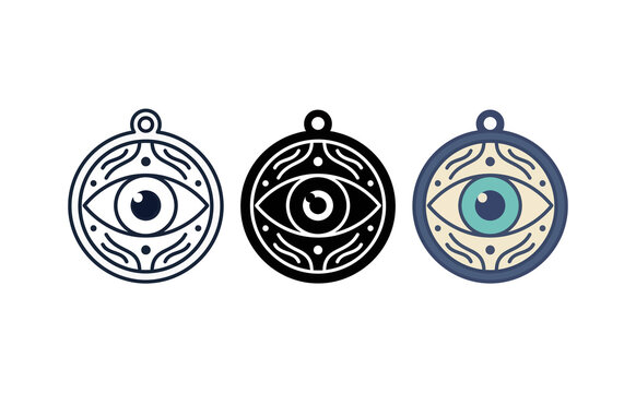 Mystic amulet vector icons set with evil eye symbol and geometric art