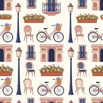 Seamless pattern with Paris street elements like bicycles, street lamps, chairs, and balconies.