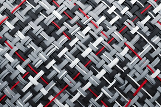 Abstract woven texture background with interlaced black, grey, white, and red synthetic strips in a diagonal pattern
