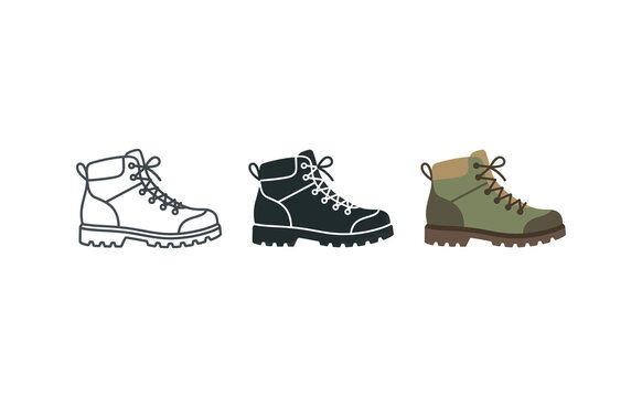 Hiking boots vector icon set in outline, silhouette, and color styles