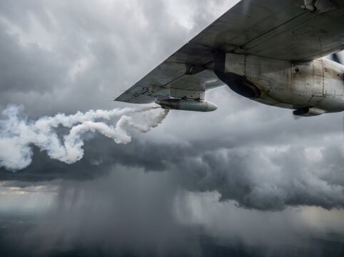 Propeller plane wing dispersing silver iodide flares into dark storm clouds