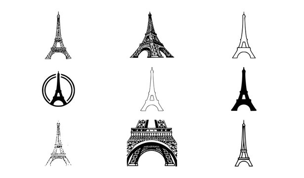 Eiffel Tower Paris Architectural Outline Silhouette Vector Icon Collection