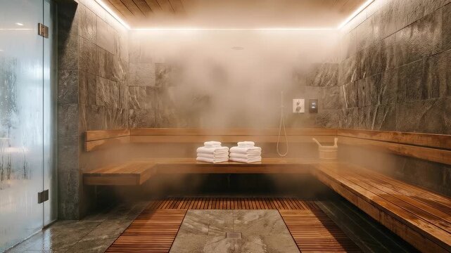 Empty modern sauna room with wooden benches, glowing ceiling lights, and folded towels in a spa interior. Wellness retreat for relaxation, detox, heat therapy, and luxury hospitality use.  