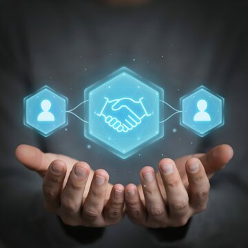 Businessman holding a digital interface with a handshake icon connecting two people, representing business partnership and networking